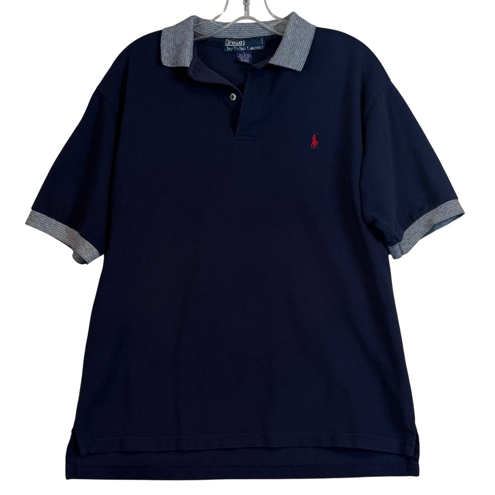 Polo Ralph Lauren Mens Large Navy Blue Striped Collar‎ Polo Shirt Preppy Summer